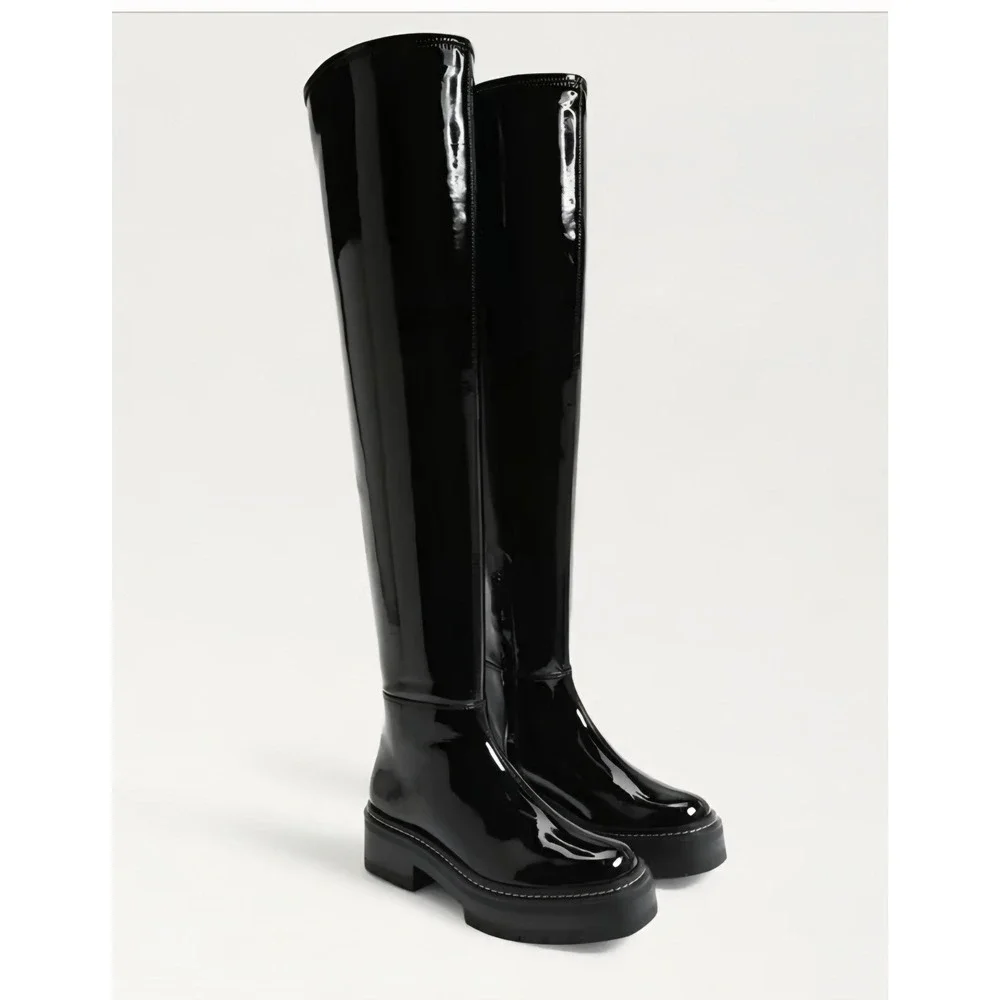 Sam Edelman Lydia Black Patent Over The Knee Lug Sole Boots I3399S1001 6.5M *